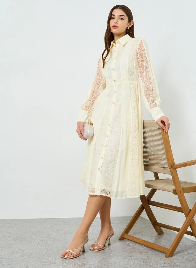 Styli Women Cream Lace Shirt Midi Dress